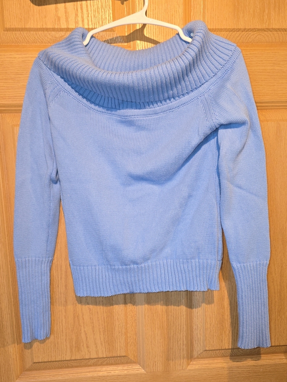 Light Blue Off‑Shoulder Ribbed Cowl Neck Sweater